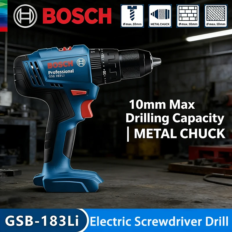 Power Tools Use - ボッシュ GSB 183-Li 多機能パワーツール。木材や金属の加工に適した、56Nmのトルクを持つ、ブラシレスコードレスインパクトドライバー。