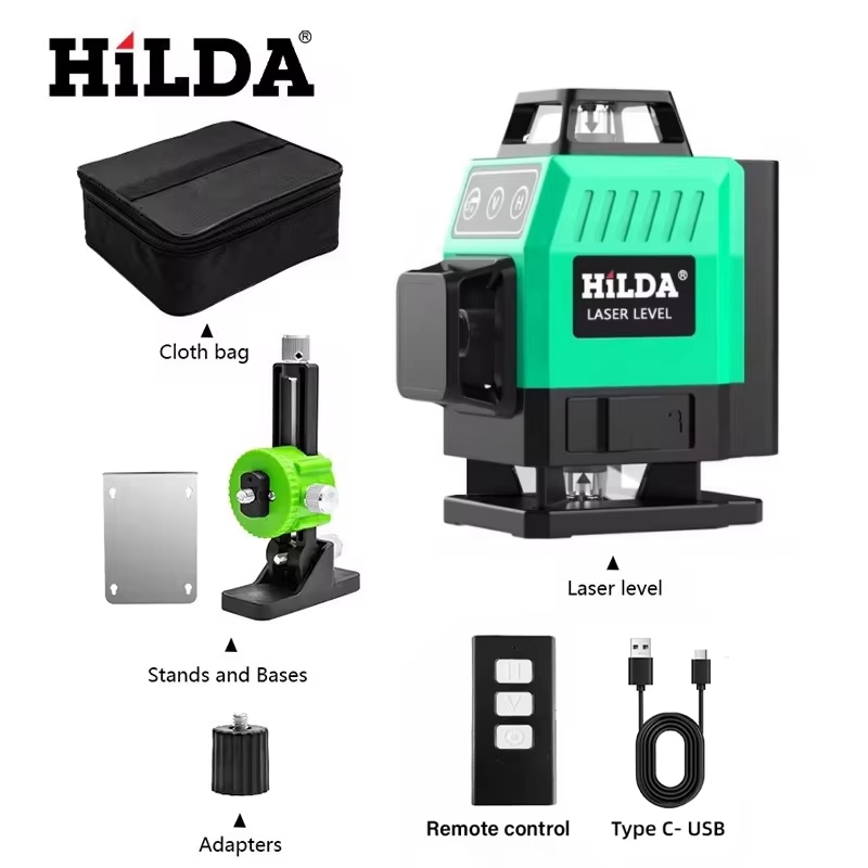 Power Tools Green - HILDA 超強力グリーンレーザーレベル 12/16ライン 360° ° 水平垂直クロスライン自動水平調整ポータブルレーザーツール