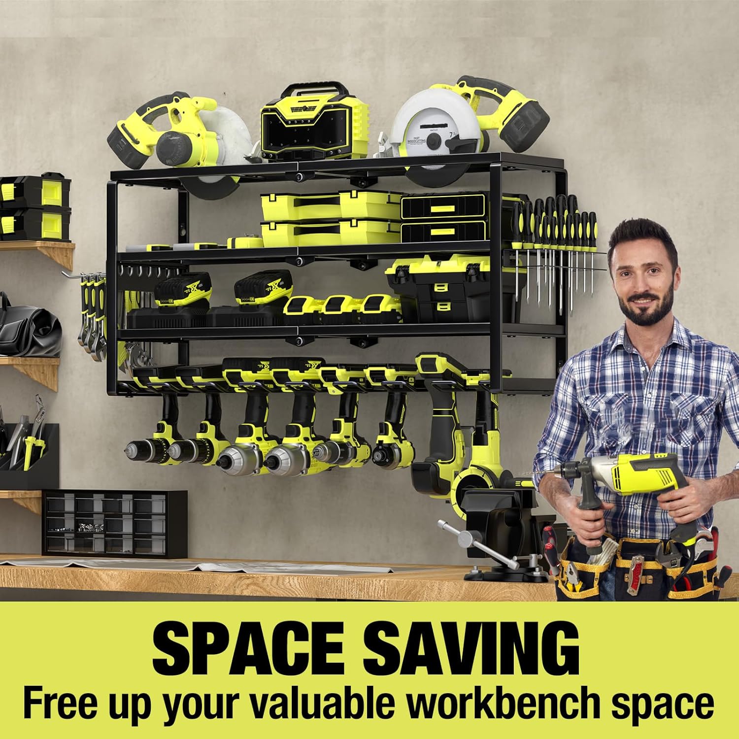 4層式壁掛け電動工具オーガナイザー、充電ステーション付き、頑 - Power Tools Rack のレビューと価格